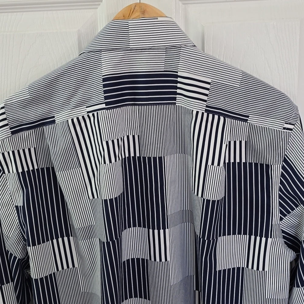 Tommy Hilfiger Men's Blue Block Stripes Long Sleeve Shirt Supima Cotton SZ Large - Picture 7 of 12